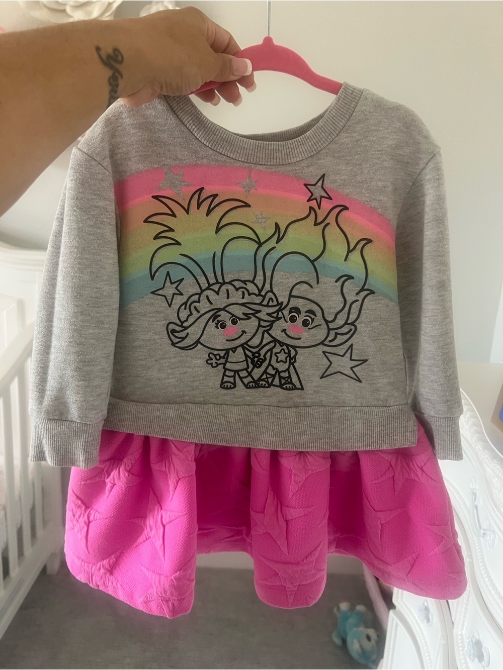 Girls' Grey Rainbow Trolls Sweatshirt Dress with Pink Skirt